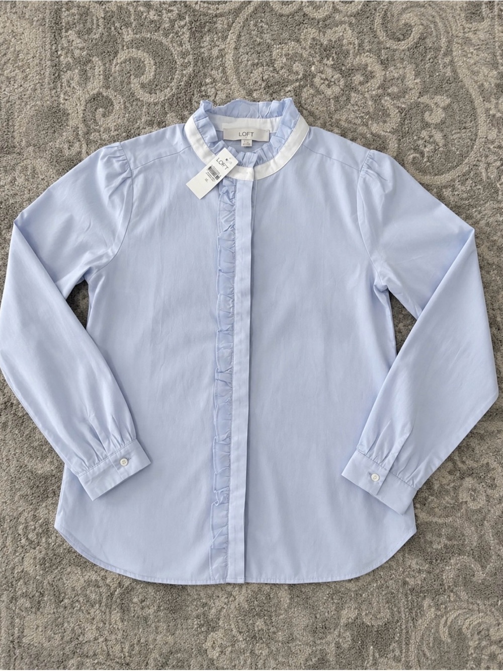 LOFT Light Blue Ruffle-Trim Button Front Blouse